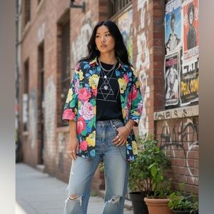 Vintage 80s/90s Floral Button Down Shirt Oversized Cotton Top Hipster Streetwear